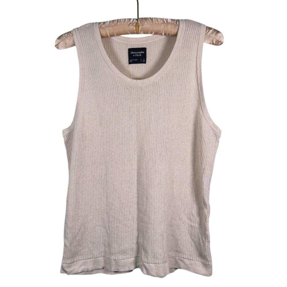 Abercrombie & Fitch Men Crochet Knit Tank Top Size S Beige Indie Granola Minimal - Picture 2 of 9